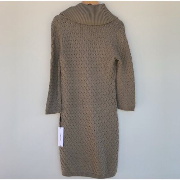 NEW Calvin Klein Tan Cream Leather Buckle Cowl Neck Bodycon Sweater Mini Dress M - Picture 9 of 10